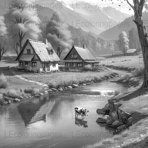 Rustic Countryside Scenery Grayscale Coloring Page, Adult Stress Relief ...