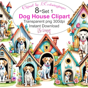 May include: Set of eight digital illustrations of colorful dog houses with various breeds of dogs sitting in front of them. The dog houses are decorated with flowers and hearts. The illustrations are in a cartoon style and are perfect for use in digital scrapbooking, card making, and other craft projects.