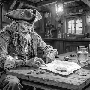 Página para colorear pirata en escala de grises para adultos, diseño intrincado imprimible, alivio del estrés, aventura de fantasía detallada, actividad en el hogar