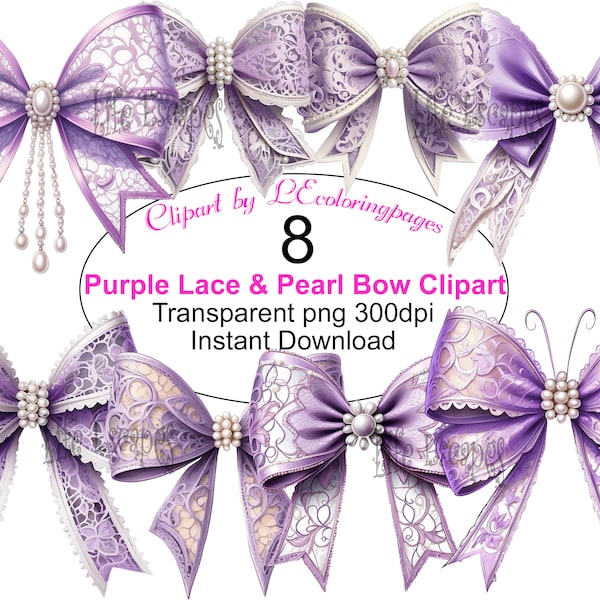 Purple Lace and Pearl Bow Clipart Set, Transparent PNG, Digital Download for Crafts, Coquette Style Bows, Scrapbooking, Commercial Use