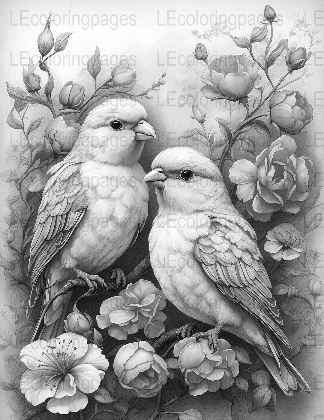 Grayscale Birds Adult Coloring Page, Printable Relaxation Activity