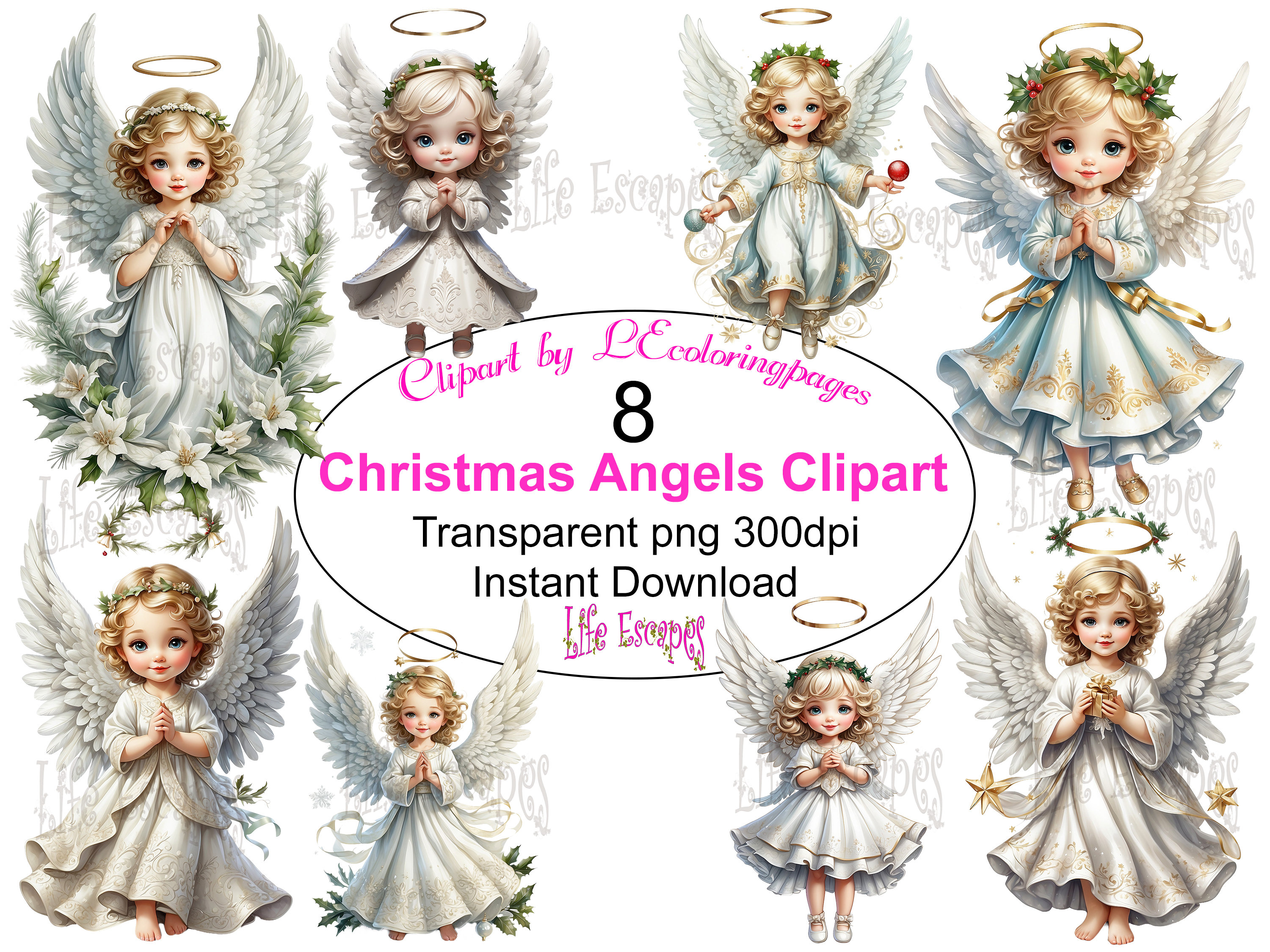 Printable Christmas Angels Clipart Set Set 1, PNG, Commercial Use ...