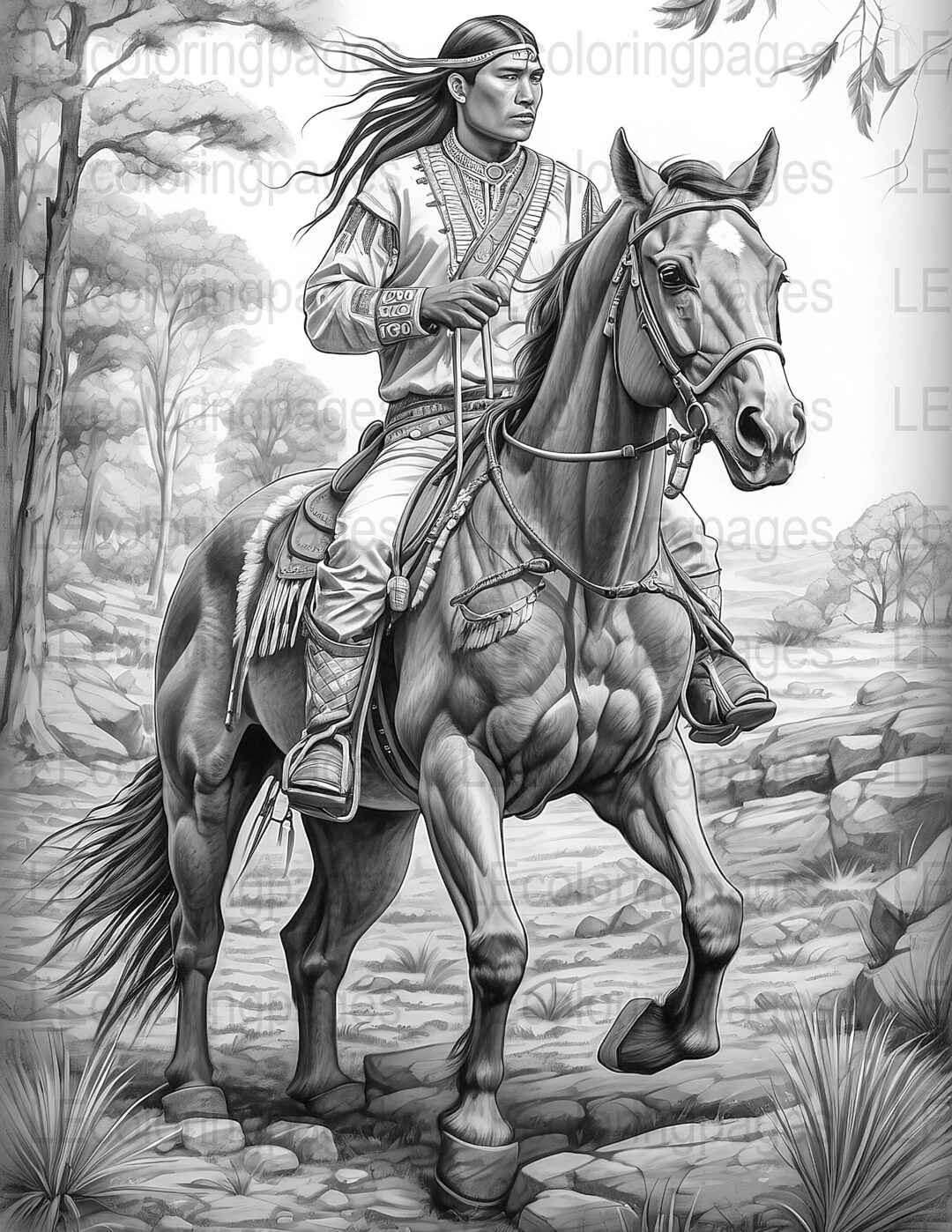 Grayscale Adult Coloring Page, Native American on Horseback, Relaxing ...