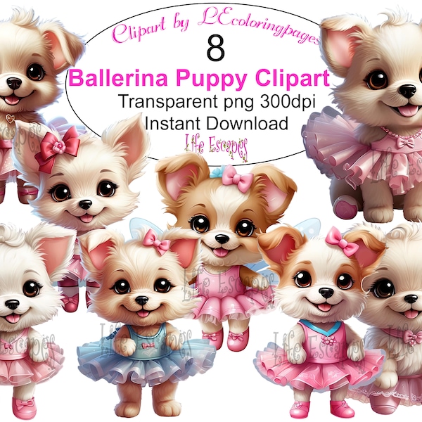 Ballerina Puppy Clipart Set, Cute Dog Digital Art, Pink Tutu, Commercial Use, Transparent Background, Instant Download, PNG 300dpi