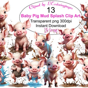 Conjunto de imágenes prediseñadas de cerdo juguetón, cerdos de dibujos animados lindos, salpicaduras de barro, ilustración para niños, descarga digital, scrapbooking, invitaciones, proyectos de bricolaje