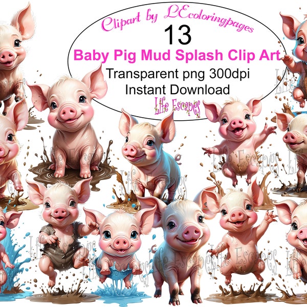 Playful Pig Clipart Set, Cute Cartoon Pigs, Mud Splash, Kids Illustration, Digital Download, Scrapbooking, Invitations, DIY Projects
