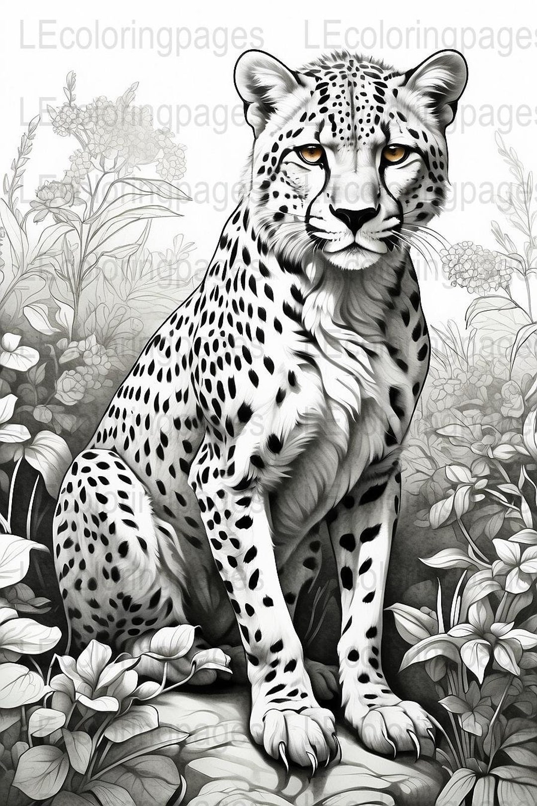 Grayscale Cheetah Adult Coloring Page, Printable Jungle Animal ...
