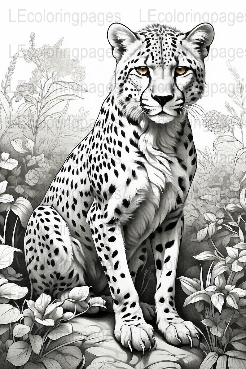 Grayscale Cheetah Adult Coloring Page, Printable Jungle Animal ...