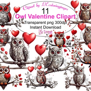 Hibou Saint-Valentin Clipart, 11 Love Owls Illustration, PNG Transparent, téléchargement numérique, usage Commercial