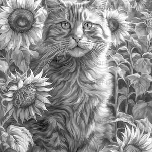Sunflowers Grayscale Coloring Page for Adults #64 Instant Download Digital Art Coloring Book Page, .jpg with color guide for inspiration