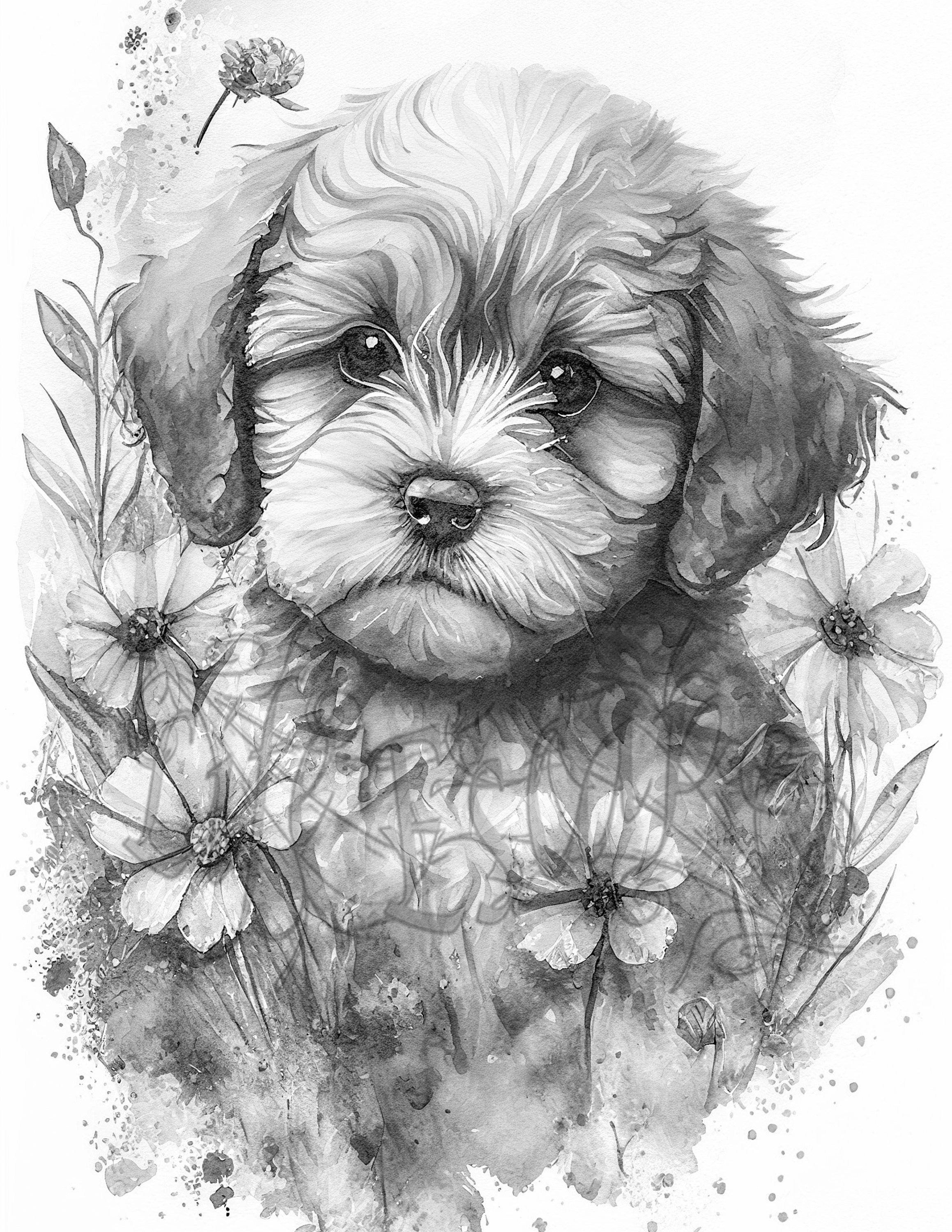 Puppy Coloring Page for Adults Grayscale High Resolution Printable ...