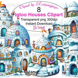 Igloo Houses Clipart Set, 8 Unique Igloo Designs, Digital Download PNG, Commercial Use, 300dpi High Resolution Images