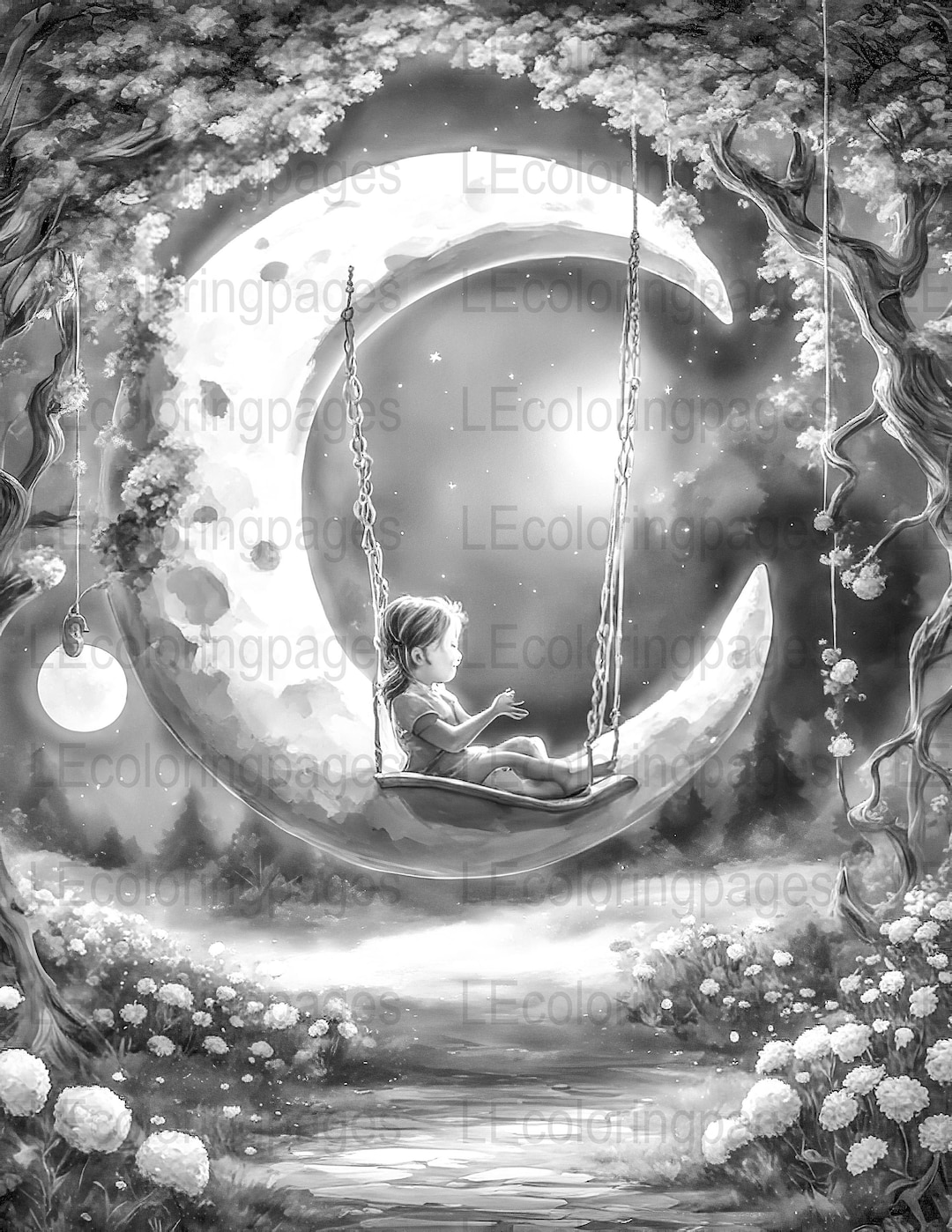 Moon Dreams Fantasy Printable Coloring Pages for Adults, Grayscale