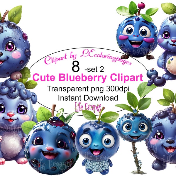 Cute Blueberry Characters Clipart, Whimsical Fruit Illustrations, Digital Download, Scrapbooking Supplies, Commercial Use, Set of 8