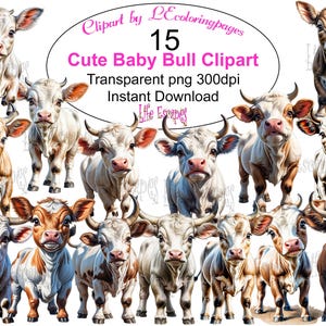 15 Cute Baby Bull Clipart Set, Transparent PNG Clipart, Commercial Use, Instant Download, Adorable Digital Graphics