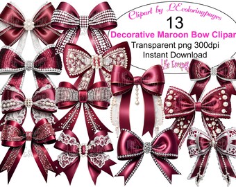 Maroon Bow Clipart Set, Decorative PNG Graphics (Commercial Use)
