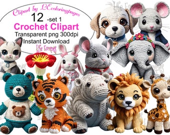 May include: Set of 12 crochet animal amigurumi patterns. The set includes a tiger, lion, giraffe, elephant, hippopotamus, bunny, mouse, dog, cat, and two bears. The patterns are available for instant download.