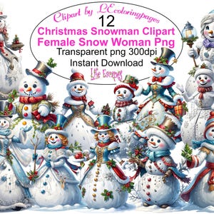 12 muñecos de nieve navideños, imágenes prediseñadas de mujer de nieve, PNG transparente, 300 ppp, descarga instantánea para uso comercial