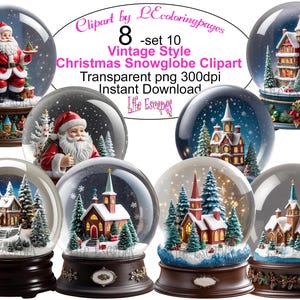 Christmas Snowglobe Clipart Set 8 Vintage Style Commercial Use POD Transparent PNG 300dpi Instant Download