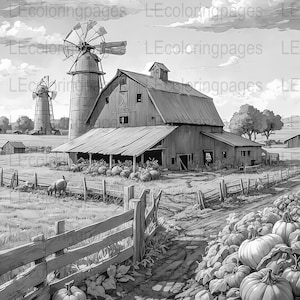 Rustic Farmhouse Grayscale Coloring Page, Printable Barn and Windmill Scene, Adult Relaxation Stress Relief, Digital JPG Download