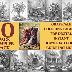Country Autumn 5, 10 Grayscale Coloring Pages, Instant Download PDF Digital Art Illustrations AI-Assisted Art, 8.5 x 11 inches 300dpi