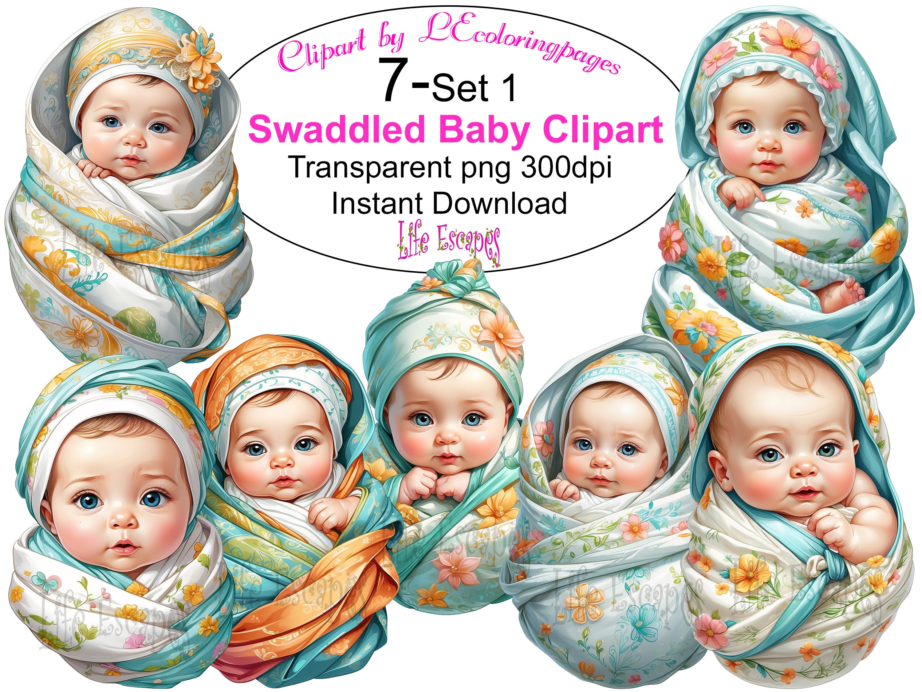 Printable Swaddled Baby Clipart Bundle Set 1, PNG, Commercial Use