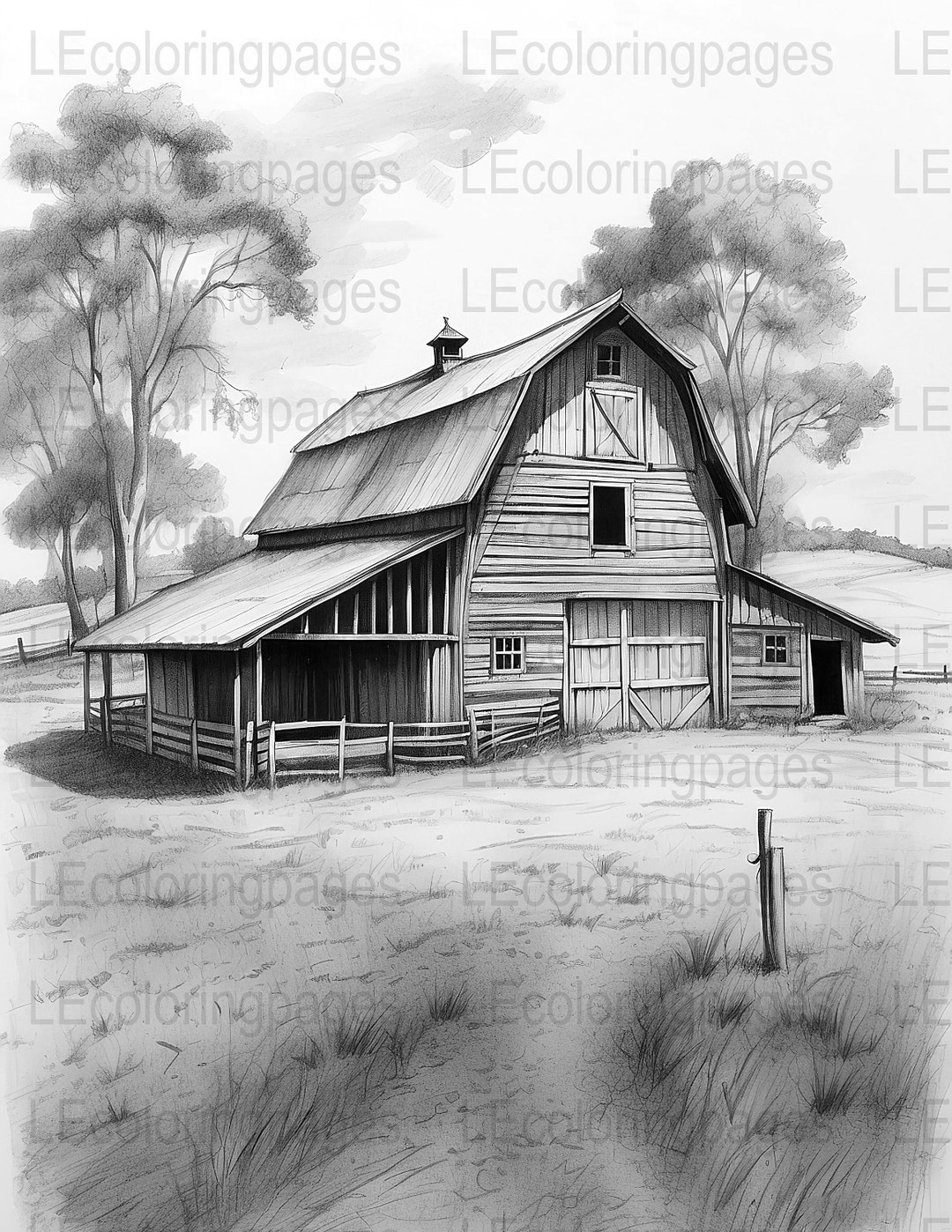 Rustic Barn Printable Coloring Page, Grayscale Farmhouse Scenery ...