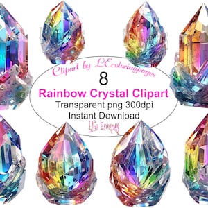 Rainbow Crystal Clipart Set, Transparent PNG, Digital Download, Gemstone Graphics, Scrapbooking Supply, Instant Download, 8 Piece Set