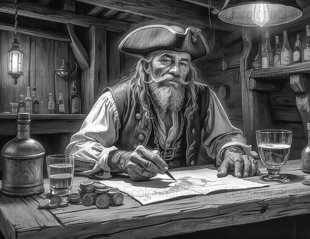 Pirate Ship's Captain Adult Coloring Page, Printable Grayscale Coloring ...