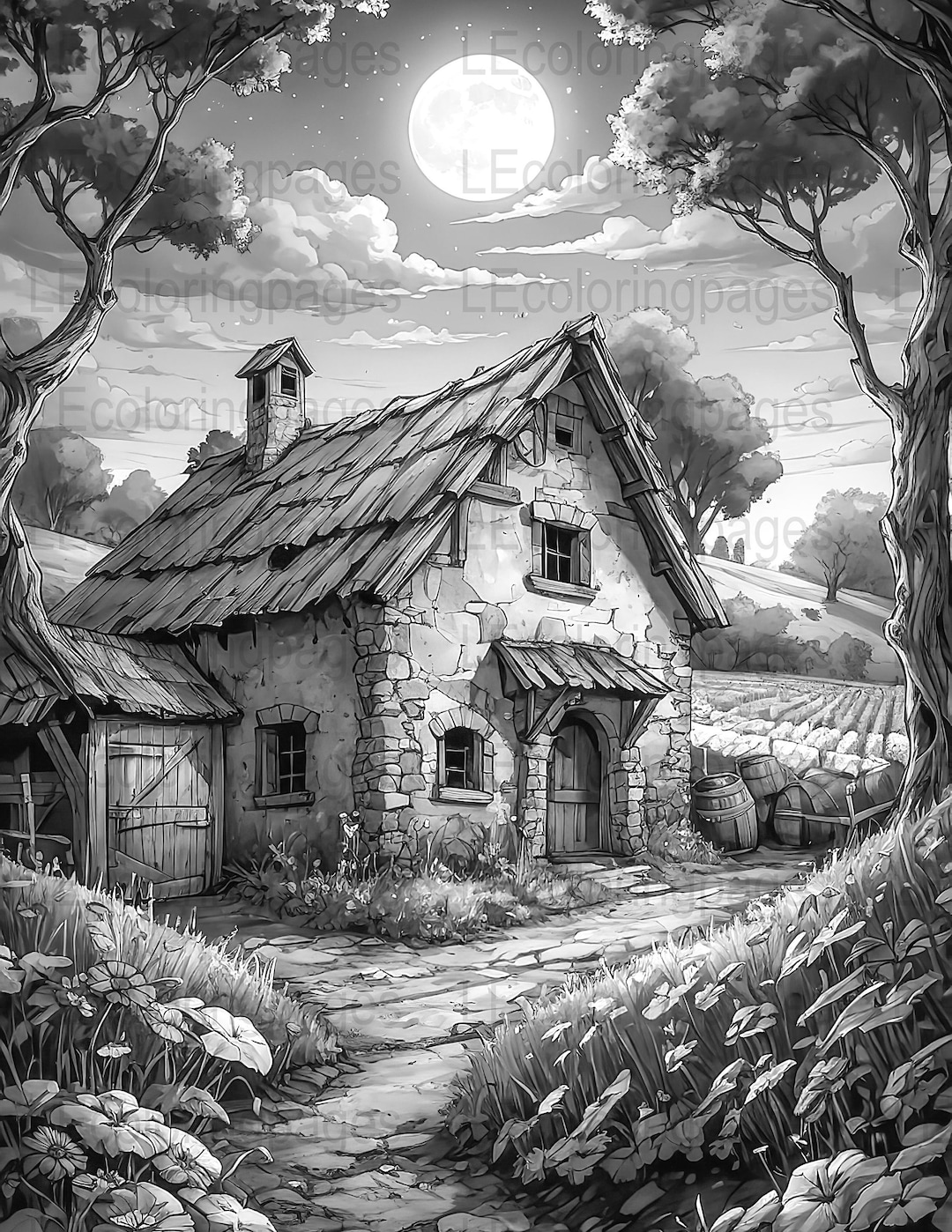 Rustic Cottage Grayscale Coloring Page, Full Moon Night Scenery ...