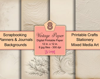 Vintage Beige Textured Paper Pack, Scrapbook Backgrounds (Digital Download)