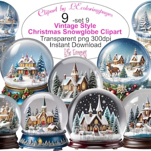 Vintage Style Christmas Snowglobe Clipart set 9 Commercial Use POD Use Clip Art Transparent PNG 300dpi Instant Download