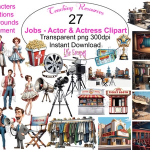 May include: A set of 27 digital clipart images featuring actors and actresses, movie sets, and equipment. The images are transparent PNG files with a resolution of 300 dpi. The set includes characters, situations, backgrounds, and equipment.