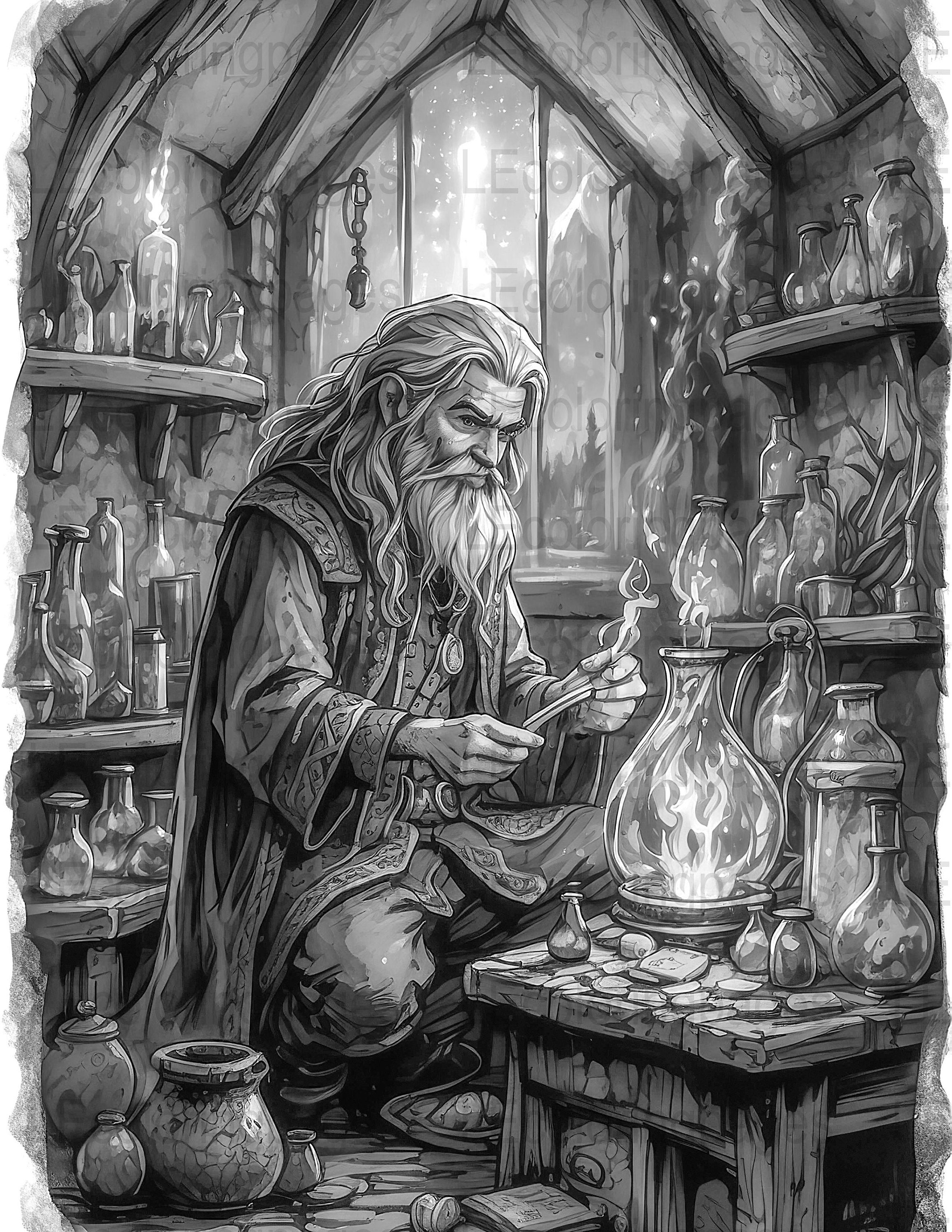 Fantasy Wizard Coloring Page, Printable Grayscale Adults Coloring Sheet