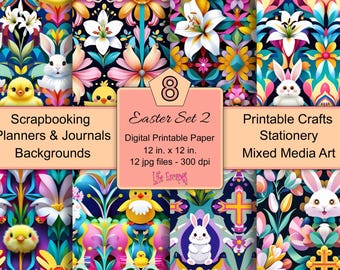 Printable Easter Themed Digital Paper Pack, 8 High Resolution Scrapbooking Planners Backgrounds, Crafts Stationery Mixed Media Art