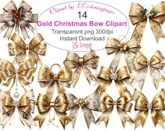 Gold Christmas Bow Clipart Set, Transparent PNG (Instant Download)