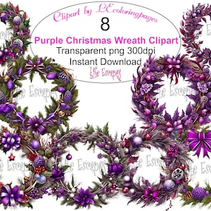 Purple Christmas Wreath Clipart Set 8 Images Instant Download Commercial Use POD Use Transparent PNG 300 dpi