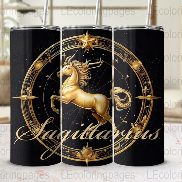 Sagittarius Zodiac Sign 20 oz Skinny Tumbler Wrap, Astrology Gold Unicorn Design, Horoscope Star Gift, Digital Download Tumbler Graphic