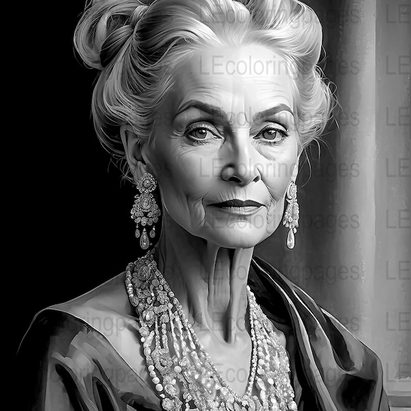 Elegant Older Woman Grayscale Coloring Page, Printable Adult Stress Relief, Portrait Art, Digital Download, Sophisticated Lady Illustration