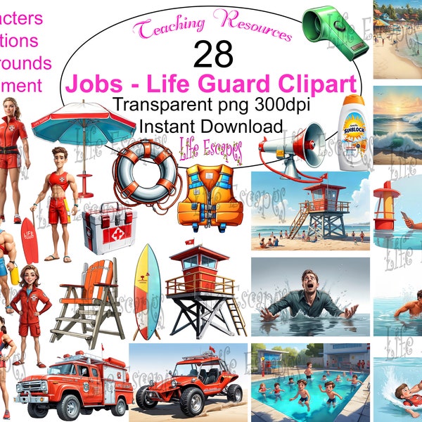 Lifeguard Clipart, Jobs Teaching Resources, 28 Digital Files, Commercial Use, Instant Download, Beach Occupation Illustrations