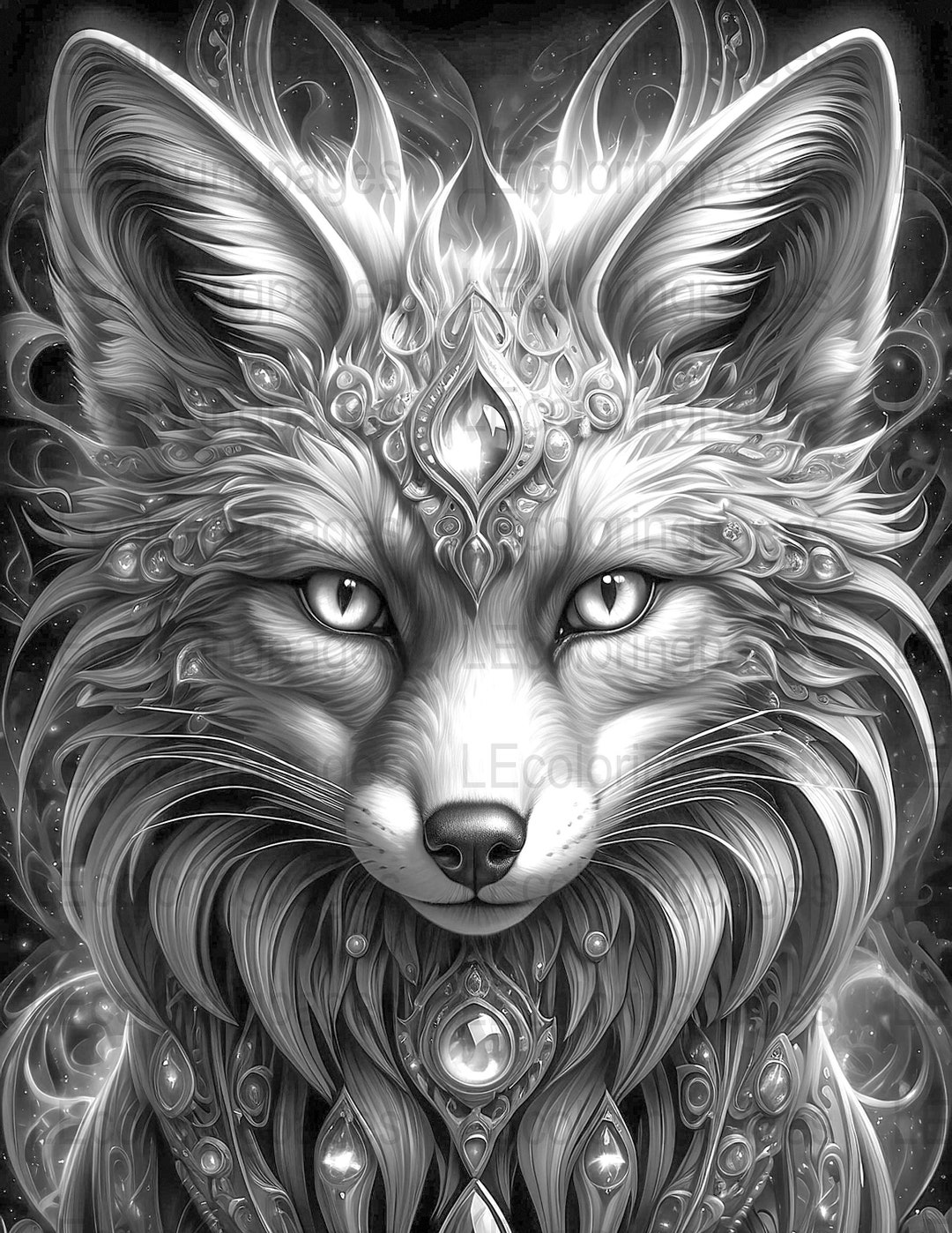 Mystical Fox Adult Coloring Page, Grayscale Digital Download, Printable