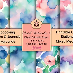 Pastel Watercolor Digital Paper Pack, Printable Scrapbooking Backgrounds, Journaling & Craft Stationery, 12x12