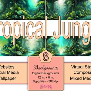 May include: Eight digital backgrounds featuring lush green tropical jungle scenes with a river flowing through the center. The backgrounds are 12 inches by 8 inches and are 300 dpi. They are ideal for websites, social media, and wallpaper.