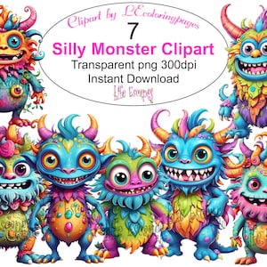 Cute Silly Monster Clipart Set, Colorful Creature Digital PNG, Kids Party Graphics, Commercial Use, Instant Download, Scrapbooking Supplies
