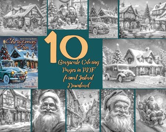Christmas Grayscale Coloring Pages, Holiday Printable Art (PDF)