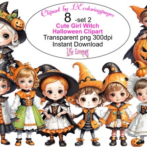 Cute Girl Witch Halloween Clipart Set, 8 Transparent PNG, 300dpi, Commercial Use, Instant Download, Digital Clipart, Halloween Art
