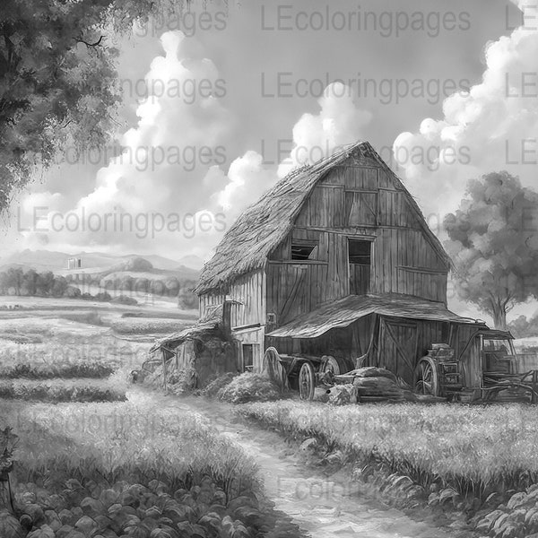 Rustic Farm Country Scene Grayscale Coloring Page, Adult Stress Relief, Printable Barn Landscape, 8.5x11 inch, 300 dpi, Digital Download