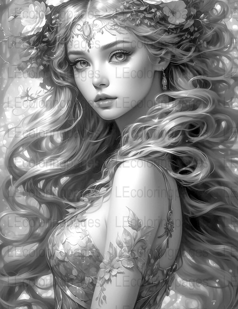 Adult Coloring Page Grayscale Fantasy Portrait, Printable Stress Relief, Floral Nature Maiden ...