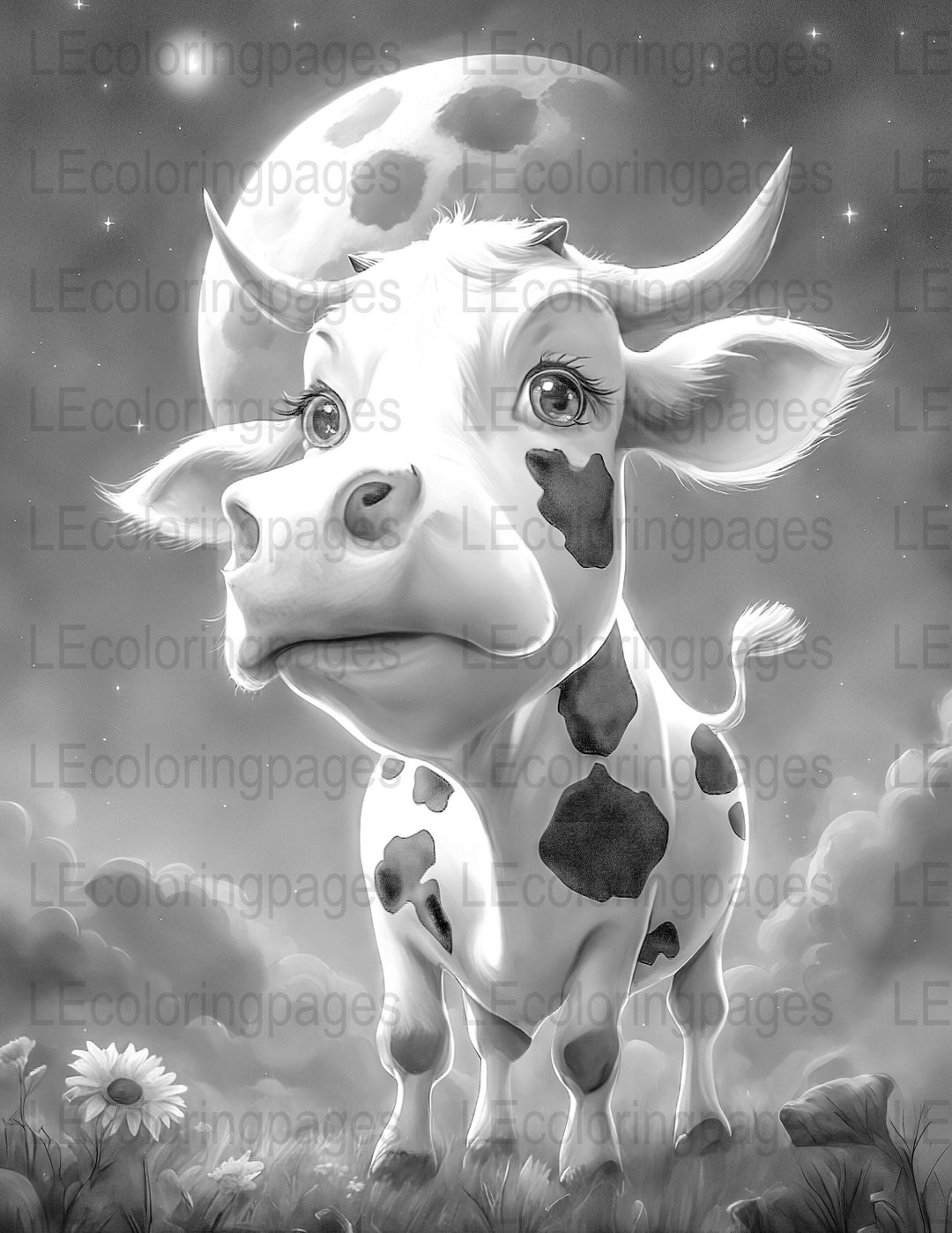 Moon Dreams Fantasy Printable Coloring Pages for Adults, Grayscale