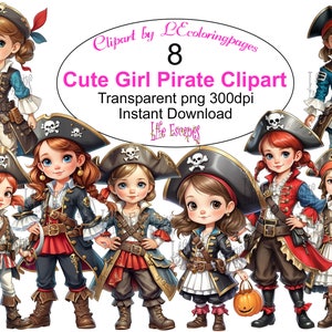 Cute Girl Pirate Clipart Set, 8 Transparent PNGs, Commercial Use, Instant Download, Digital Art for Kids, Scrapbooking, Crafts